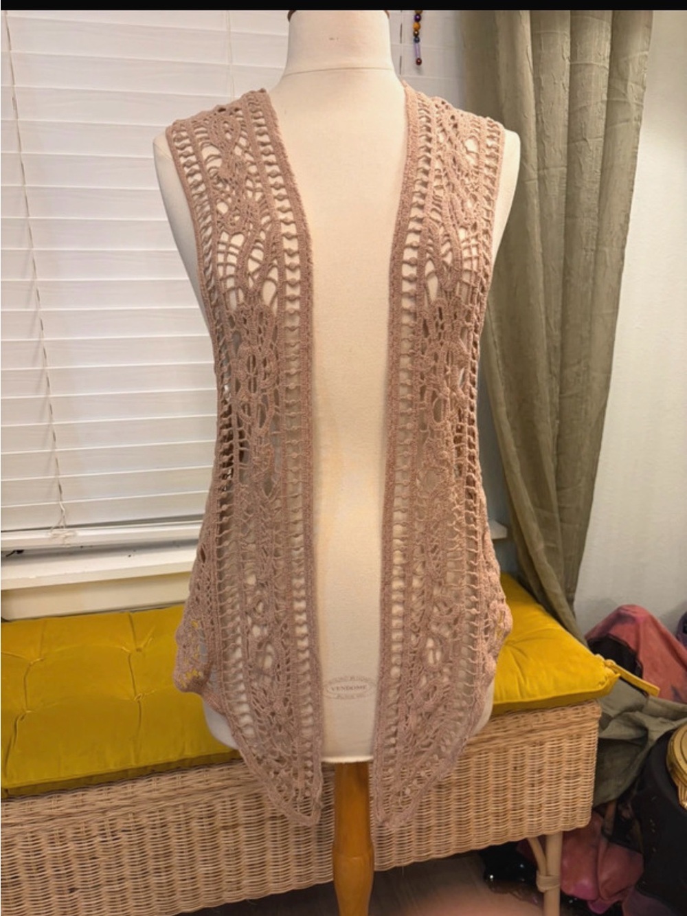 Light Taupe Crochet Open-Front Women's Vest